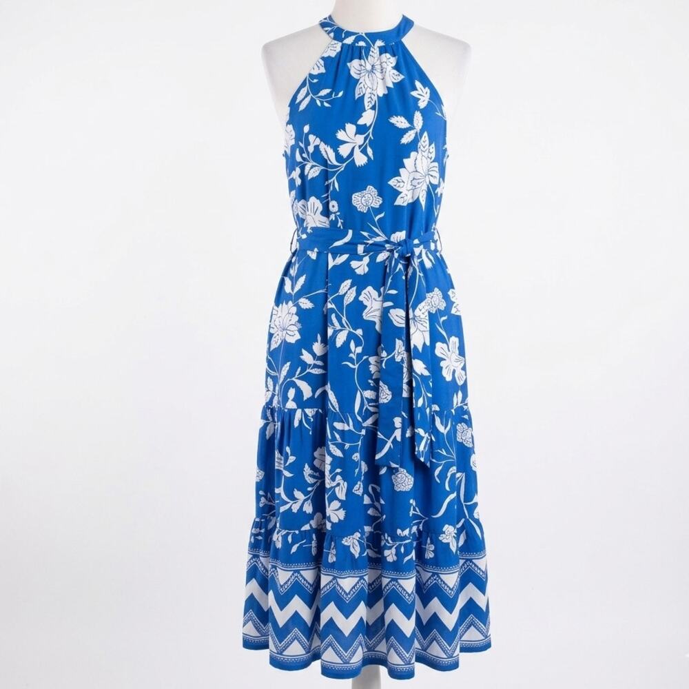 Dizzy Lizzy Dress Halter Midi Dress Blue White Floral Tie Waist Cotton Small